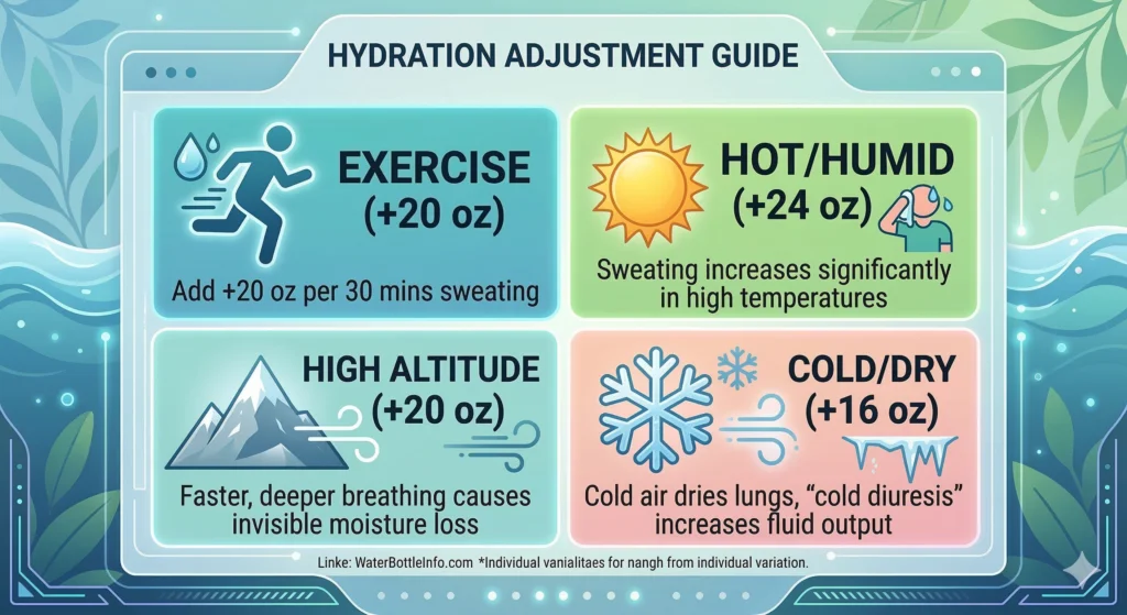 How Much Water Should You Drink a Day? (Daily Intake Guide & Calculator) 5 A 4-panel icon grid detailing hydration adjustments: add 20 ounces for exercise, 24 ounces for hot and humid weather, 20 ounces for high altitude, and 16 ounces for cold and dry climates.