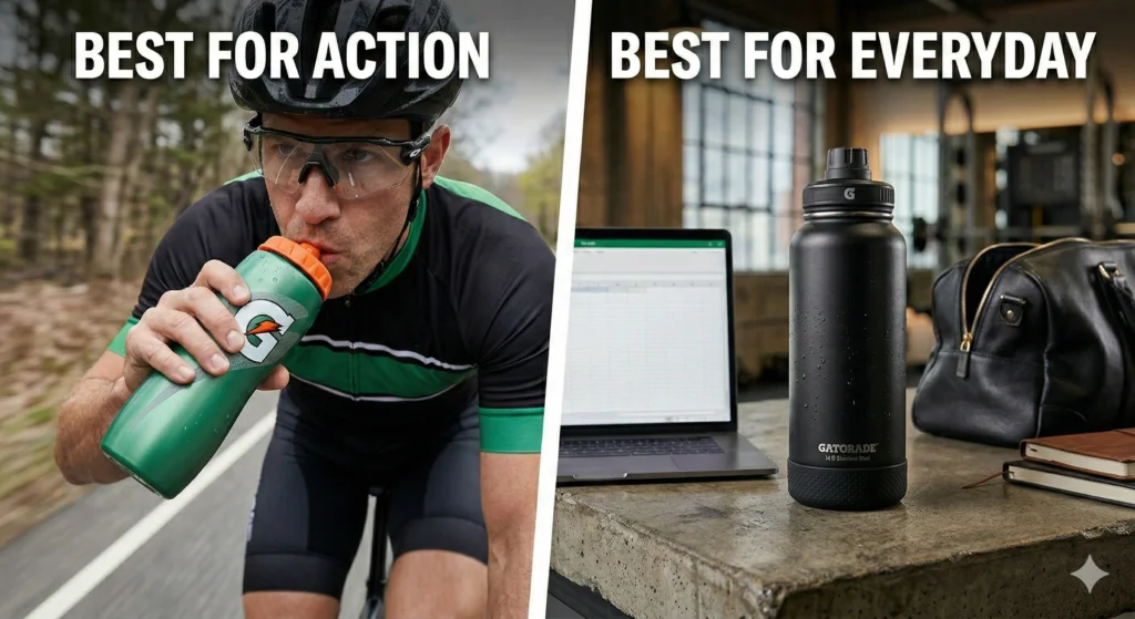 Gatorade Insulated Water Bottle Review: Squeeze vs. Steel 8 Split-screen graphic comparing the Gatorade squeeze bottle labeled Best for Action with a cyclist using it, and the stainless steel bottle labeled Best for Everyday next to a laptop.