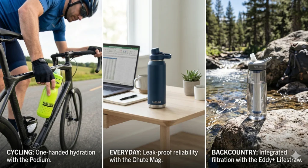 CamelBak Water Bottle Reviews: The Best Water Bottles of 2026 9 Three panels showing the Podium on a bike, the Chute Mag on an office desk, and the Eddy+ Lifestraw by a mountain stream.