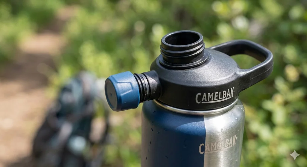 CamelBak Water Bottle Reviews: The Best Water Bottles of 2026 4 Close-up of a CamelBak Chute Mag lid showing the cap snapped back into its magnetic holder while the bottle is open.