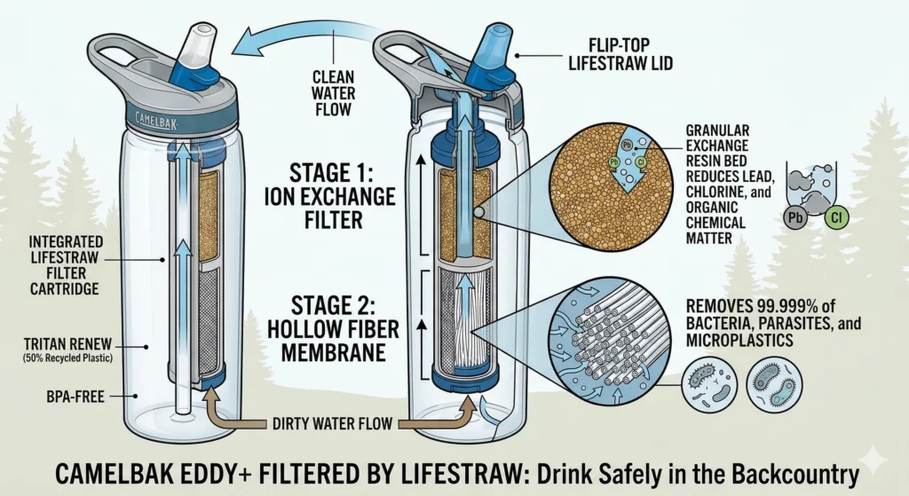 CamelBak Water Bottle Reviews: The Best Water Bottles of 2026 6 An infographic showing a cutaway of an Eddy+ bottle with labels pointing to the Hollow Fiber Membrane and Ion Exchange Filter.