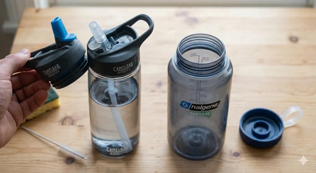 CamelBak Water Bottle Reviews: The Best Water Bottles of 2026 8 A CamelBak Eddy+ bottle with its multi-part lid sitting next to a simple, wide-mouth Nalgene bottle with its cap off.