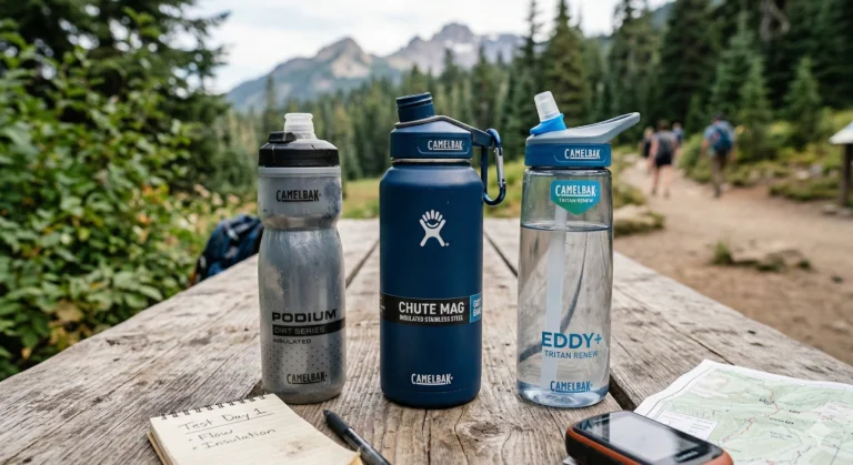 Home 59 Three different CamelBak water bottles (Podium, Chute Mag, and Eddy+) sitting on a wooden table in an outdoor setting.