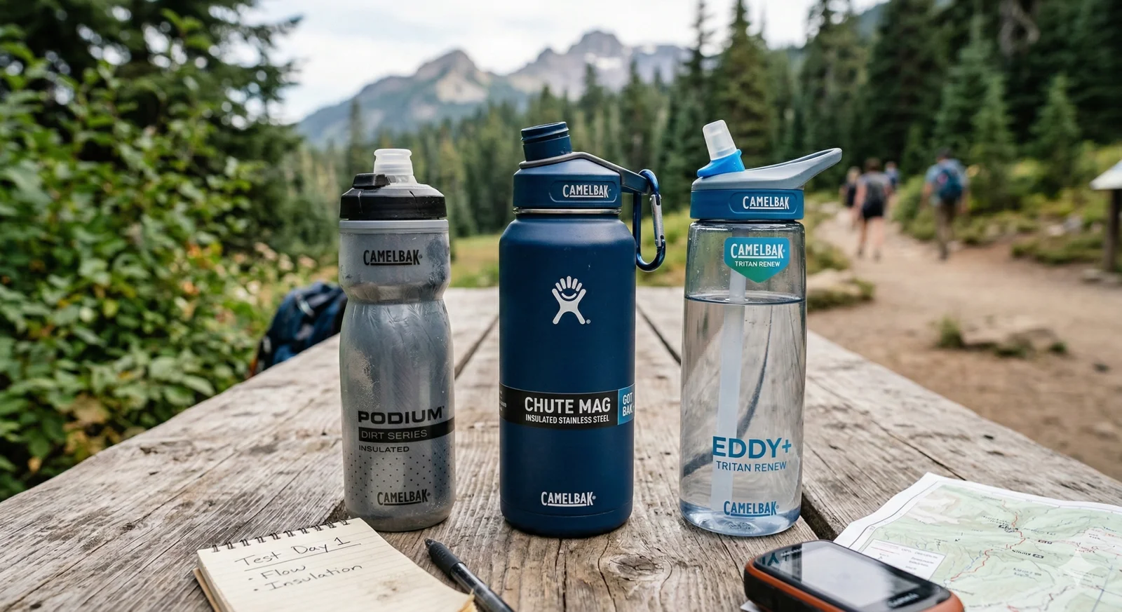 CamelBak Water Bottle Reviews: The Best Water Bottles of 2026 2 Three different CamelBak water bottles (Podium, Chute Mag, and Eddy+) sitting on a wooden table in an outdoor setting.
