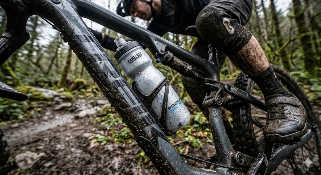 CamelBak Water Bottle Reviews: The Best Water Bottles of 2026 5 A CamelBak Podium Chill bottle covered in mud and condensation, sitting in a mountain bike cage on a trail.