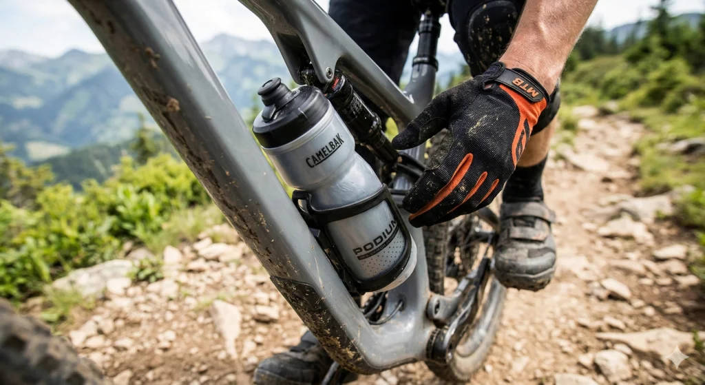 CamelBak Water Bottle Reviews: The Best Water Bottles of 2026 11 A 24oz CamelBak Podium bottle being pulled sideways out of a side-entry cage on a compact bike frame.