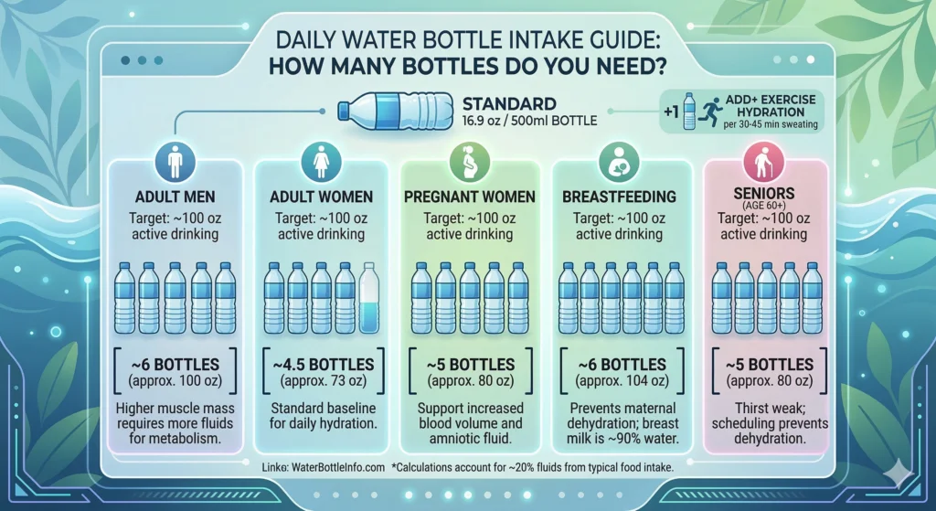 How Much Water Should You Drink a Day? (Daily Intake Guide & Calculator) 4 A visual guide showing how many standard 16.9 ounce water bottles different demographics should drink daily, including 6 bottles for adult men, 4.5 bottles for adult women, 5 for pregnant women, 6 for breastfeeding women, and 5 for seniors.