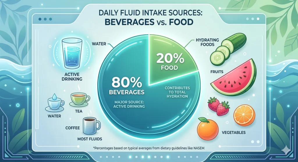 How Much Water Should You Drink a Day? (Daily Intake Guide & Calculator) 3 An 80/20 pie chart illustrating that 80 percent of daily hydration comes from active drinking of beverages and 20 percent comes from water-rich foods like fruits and vegetables.