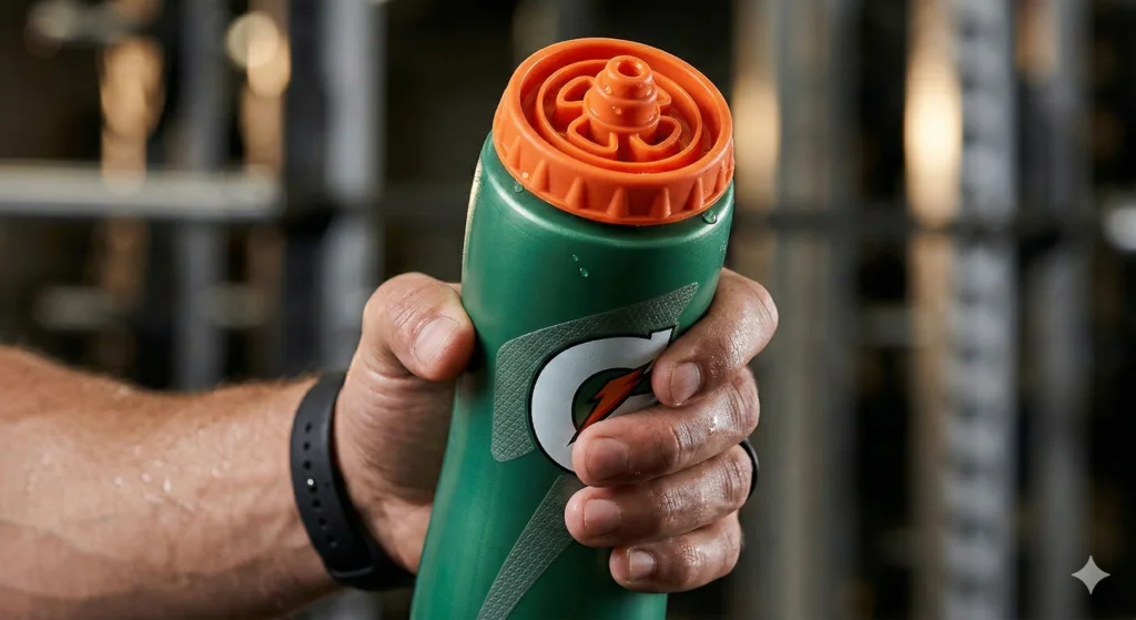 Gatorade Insulated Water Bottle Review: Squeeze vs. Steel 4 Close-up of an athlete's sweaty hand holding the green Gatorade 30oz insulated squeeze bottle, highlighting the Gator-Skin texture and orange Pure-Flow valve.