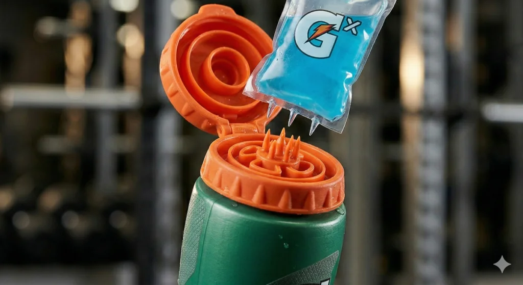 Gatorade Insulated Water Bottle Review: Squeeze vs. Steel 6 Close-up of the open lid of a Gatorade Gx bottle showing the sharp internal piercing mechanism with a blue Gx formula pod hovering above it.