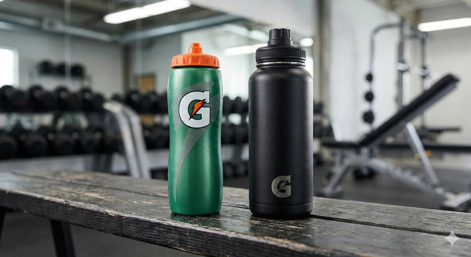 Gatorade Insulated Water Bottle Review: Squeeze vs. Steel 2 Side-by-side comparison of the green 30oz Gatorade insulated plastic squeeze bottle and the black 32oz Gatorade stainless steel bottle on a gym bench.