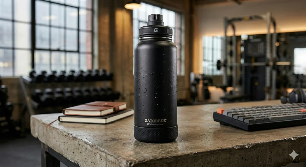 Gatorade Insulated Water Bottle Review: Squeeze vs. Steel 5 Matte black Gatorade 32oz stainless steel water bottle with a twist cap and silicone base resting on a concrete desk next to a keyboard.