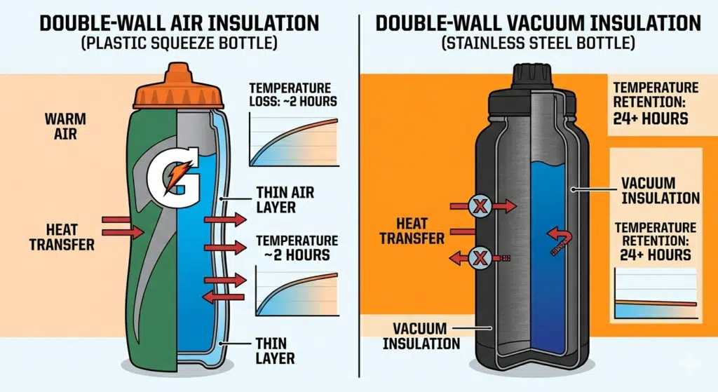 Gatorade Insulated Water Bottle Review: Squeeze vs. Steel 3 Split-screen infographic illustrating the cutaway difference between double-wall air insulation in the green plastic squeeze bottle vs. double-wall vacuum insulation in the black stainless steel bottle.