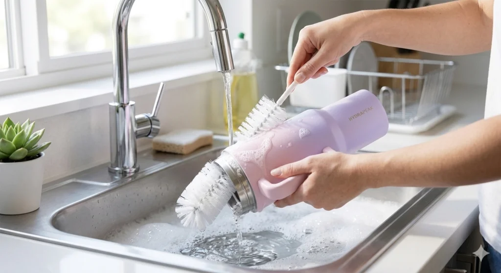 Hydrapeak Water Bottle Review: The Ultimate Affordable Stanley Dupe? 6 A person using a white bottle brush to scrub the interior of a lavender Hydrapeak bottle under running water in a sink.