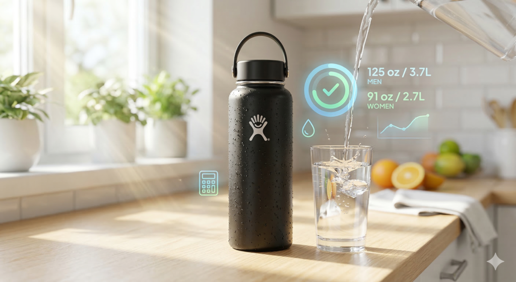 A refreshing hero image featuring a modern reusable water bottle and a glass of water, representing daily hydration goals, fluid intake calculations, and healthy habits.