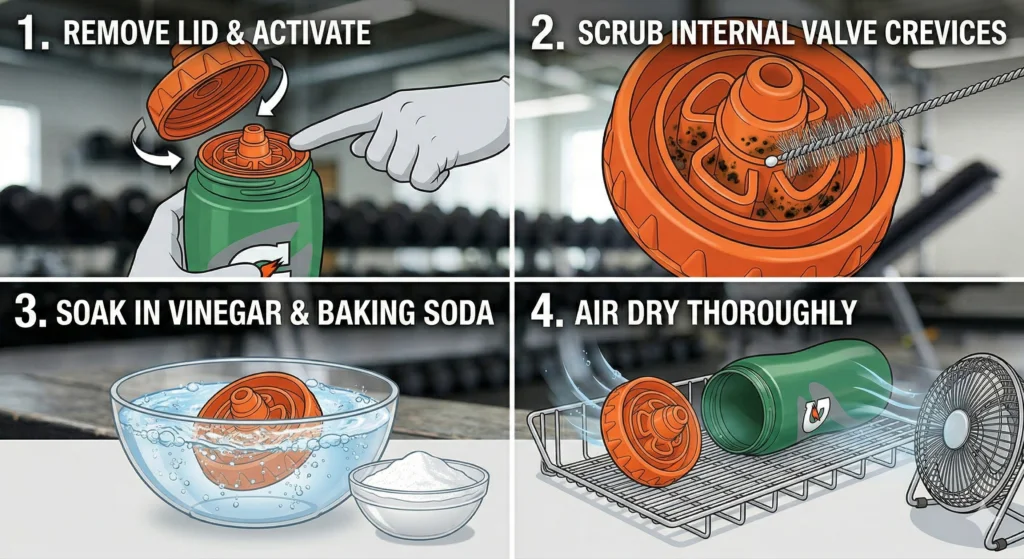 Gatorade Insulated Water Bottle Review: Squeeze vs. Steel 7 Four-step visual guide on how to clean a Gatorade squeeze bottle valve, showing lid removal, scrubbing internal crevices, soaking in vinegar, and air drying.