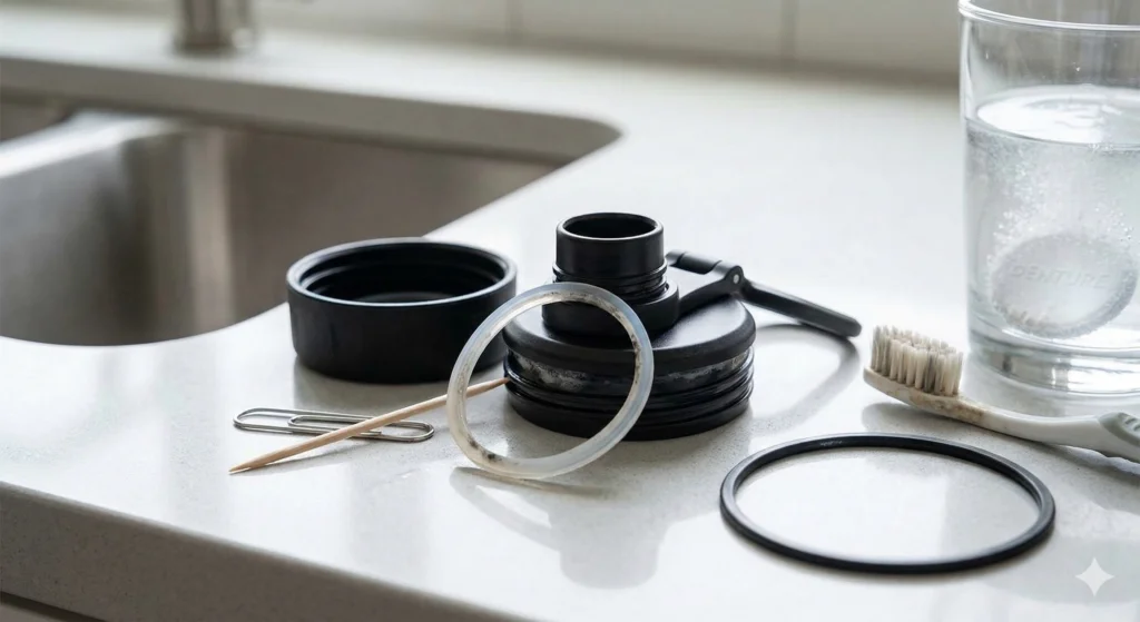 Takeya Water Bottle Review: Is It Better Than the Competition? 5 Disassembled Takeya water bottle lid on a kitchen counter showing the removed silicone O-ring gaskets, a toothpick, a toothbrush, and a glass of cleaning solution.