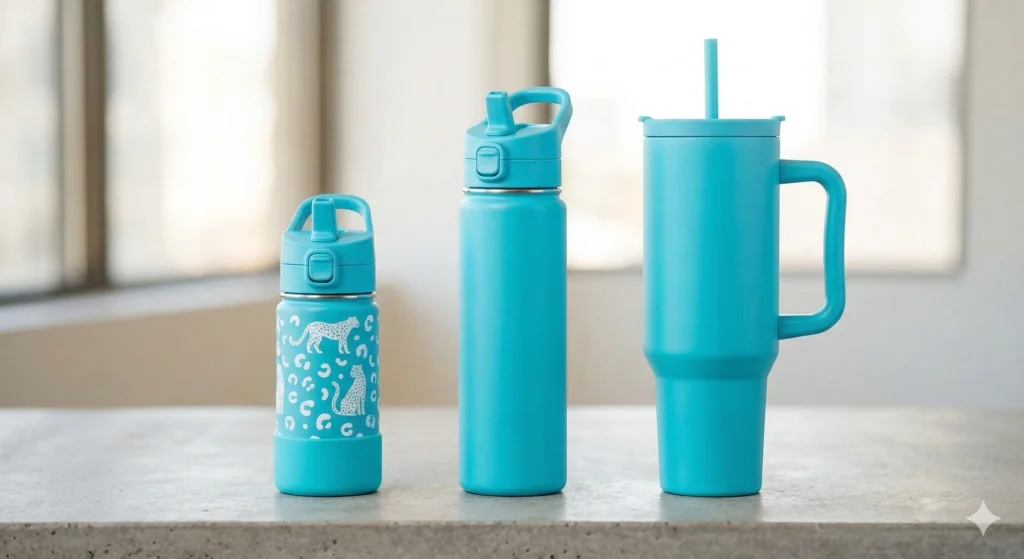Hydraflow Water Bottle Reviews: The Ultimate Budget-Friendly Dupe? 3 Side-by-side comparison of three tropical blue Hydraflow water bottles: the 14oz Kids bottle, the 34oz Hybrid, and the 40oz Capri Tumbler.