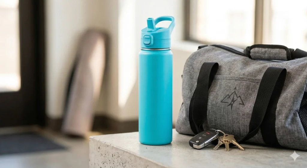 Hydraflow Water Bottle Reviews: The Ultimate Budget-Friendly Dupe? 7 A tropical blue Hydraflow water bottle resting on a concrete bench next to a grey gym duffel bag and a set of car keys.