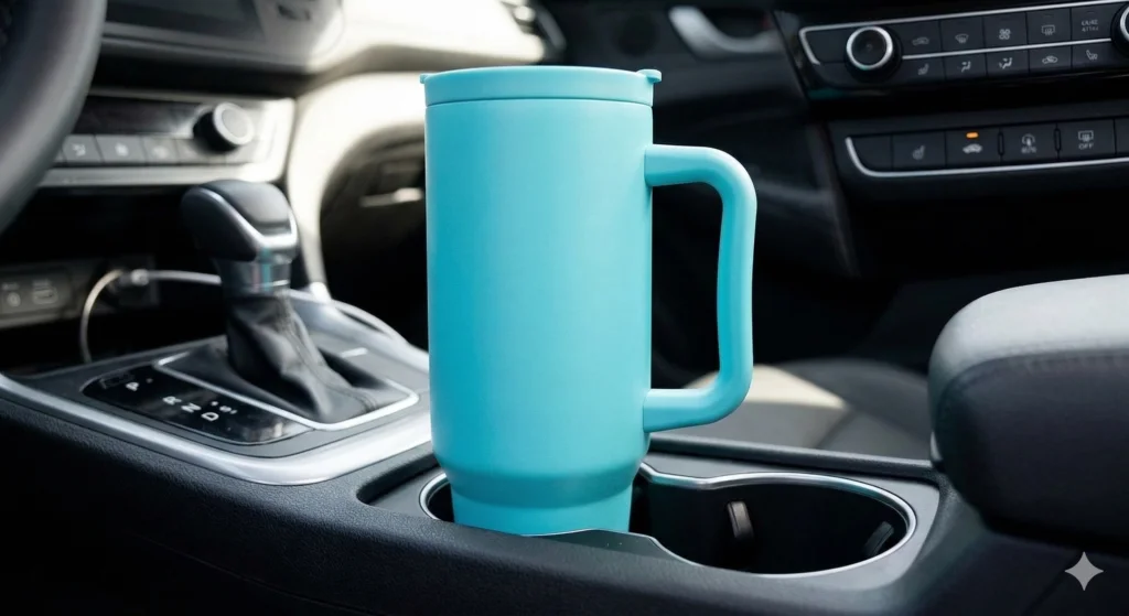 Hydraflow Water Bottle Reviews: The Ultimate Budget-Friendly Dupe? 5 A large tropical blue Hydraflow 40oz Capri Tumbler fitting perfectly into the center console cup holder of a modern car.