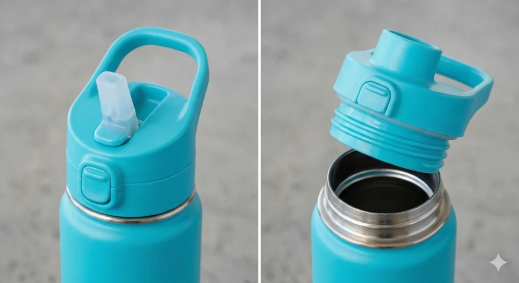 Hydraflow Water Bottle Reviews: The Ultimate Budget-Friendly Dupe? 4 Close-up split image showing the Hydraflow bottle's dual-lid design with the flip straw raised on the left and the wide chug cap unscrewed on the right.