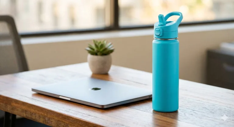 Home 56 A vibrant tropical blue Hydraflow Hybrid water bottle sitting on a modern wooden desk next to a silver laptop.