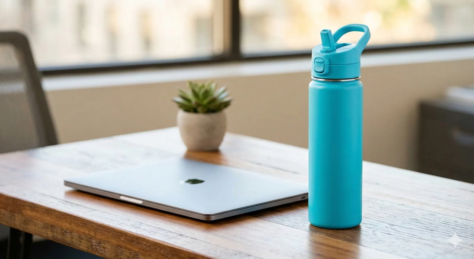 Hydraflow Water Bottle Reviews: The Ultimate Budget-Friendly Dupe? 2 A vibrant tropical blue Hydraflow Hybrid water bottle sitting on a modern wooden desk next to a silver laptop.
