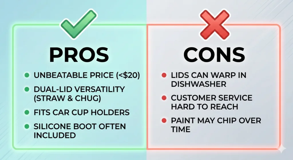 Hydraflow Water Bottle Reviews: The Ultimate Budget-Friendly Dupe? 6 A visual infographic table comparing the pros and cons of the Hydraflow water bottle, listing its affordable price against issues like dishwasher warping.