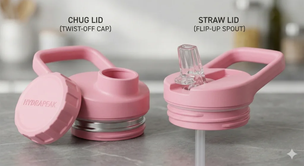 Hydrapeak Water Bottle Review: The Ultimate Affordable Stanley Dupe? 4 A close-up comparison of the Hydrapeak Chug Lid with a twist-off cap and the Straw Lid with a flip-up spout.