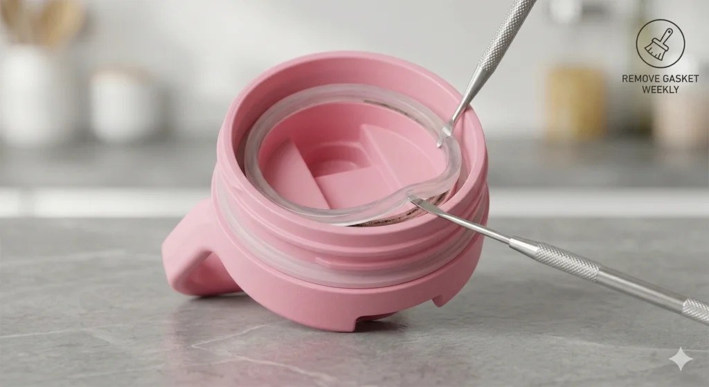 Hydrapeak Water Bottle Review: The Ultimate Affordable Stanley Dupe? 5 A small metal tool prying the clear silicone gasket from the underside of a pink Hydrapeak water bottle lid.