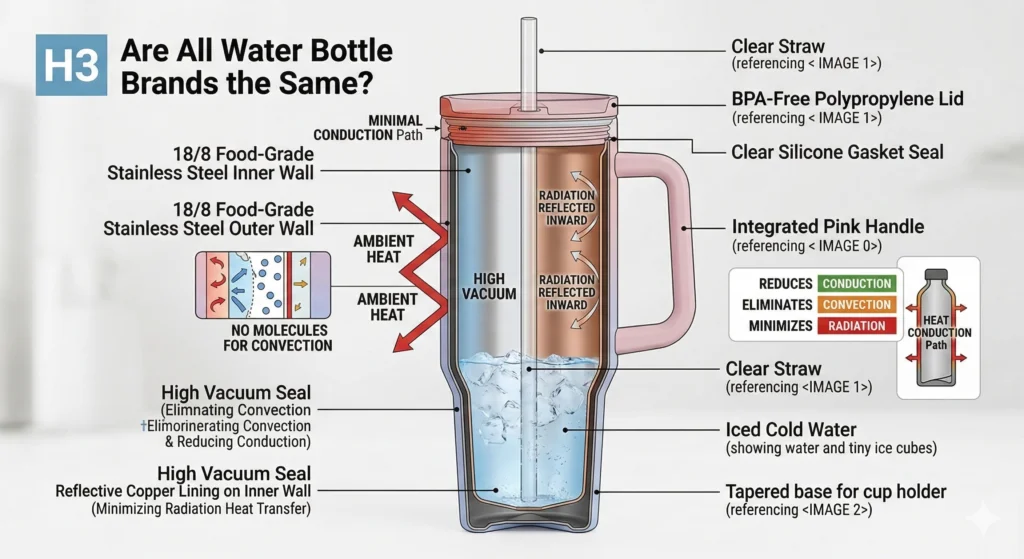 Hydrapeak Water Bottle Review: The Ultimate Affordable Stanley Dupe? 3 A cross-section diagram of the Hydrapeak tumbler explaining double-wall vacuum insulation, copper lining, and 18/8 stainless steel construction.