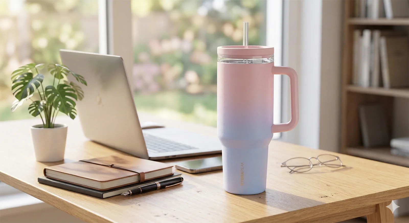 Hydrapeak Water Bottle Review: The Ultimate Affordable Stanley Dupe? 2 A 40oz Hydrapeak Voyager Tumbler with a pink and purple gradient finish sitting on a wooden desk next to a laptop.