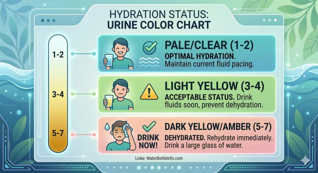 How Much Water Should You Drink a Day? (Daily Intake Guide & Calculator) 6 A hydration status urine color chart showing pale or clear urine as optimal, light yellow as acceptable, and dark yellow or amber as dehydrated requiring immediate water intake.