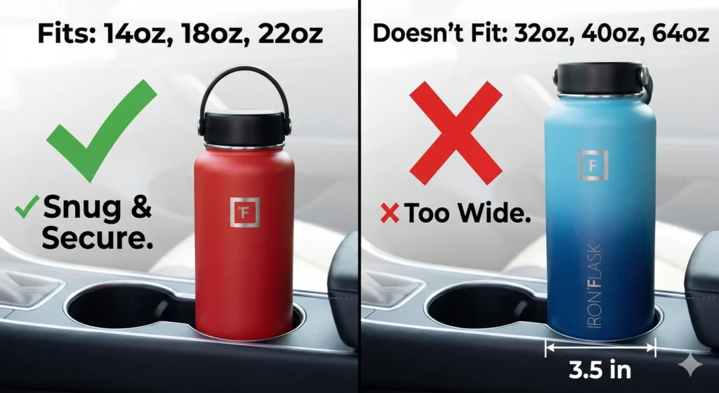 Iron Flask Review: Is It the Best Bang for Your Buck? 4 A visual graphic showing a 22oz Iron Flask fitting perfectly in a car cup holder with a green checkmark, next to a 40oz Iron Flask that is too wide with a red X.