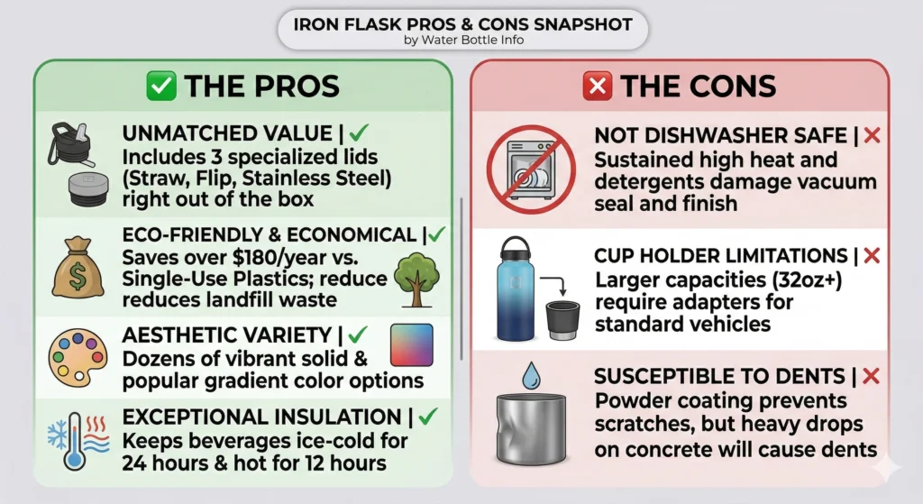 Iron Flask Review: Is It the Best Bang for Your Buck? 6 A pros and cons summary box for the Iron Flask water bottle, highlighting its unmatched value, eco-friendliness, and insulation as pros, while noting it is not dishwasher safe and prone to denting as cons.