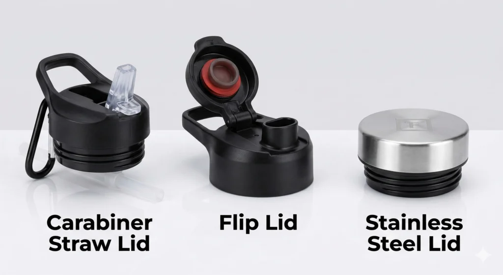 Iron Flask Review: Is It the Best Bang for Your Buck? 3 Side-by-side comparison of the three lids included with the Iron Flask water bottle: the Carabiner Straw Lid, the Flip Lid, and the Stainless Steel Lid.