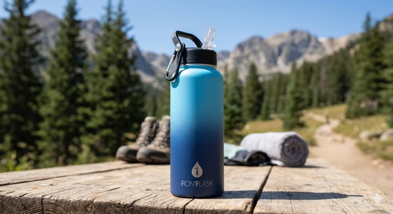 Home 54 A 32oz blue gradient Iron Flask insulated water bottle with a carabiner straw lid sitting on a wooden table outdoors.