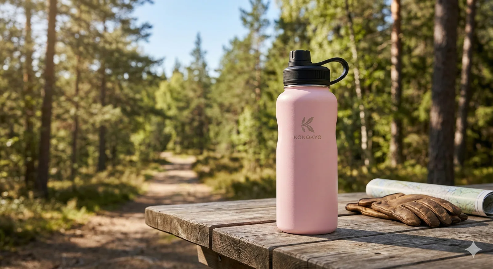 Konokyo Water Bottle Review: The Best Bang for Your Buck in 2026? 2 A 32oz cherry blossom pink Konokyo water bottle resting on a rustic wooden picnic table with a sunlit forest hiking trail in the blurred background.