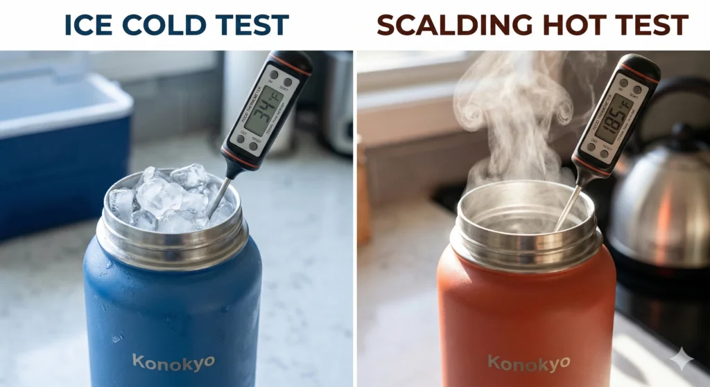 Konokyo Water Bottle Review: The Best Bang for Your Buck in 2026? 5 A dual-panel photo showing a blue Konokyo bottle packed with ice reading 34 degrees Fahrenheit on a thermometer, next to a red bottle emitting steam and reading 185 degrees Fahrenheit.