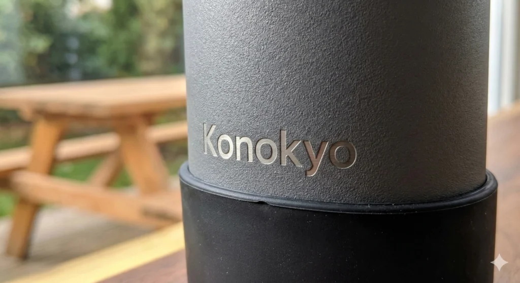 Konokyo Water Bottle Review: The Best Bang for Your Buck in 2026? 4 Extreme close-up of a gray Konokyo water bottle highlighting the rugged powder-coated exterior texture, the cleanly engraved logo, and the edge of the protective black silicone boot.