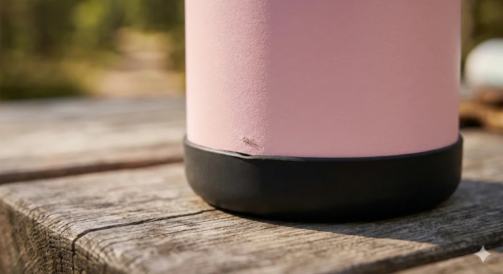 Konokyo Water Bottle Review: The Best Bang for Your Buck in 2026? 9 A close-up of the base of a pink Konokyo water bottle showing a minor cosmetic scuff on the powder coating right above where the black silicone boot meets the metal.