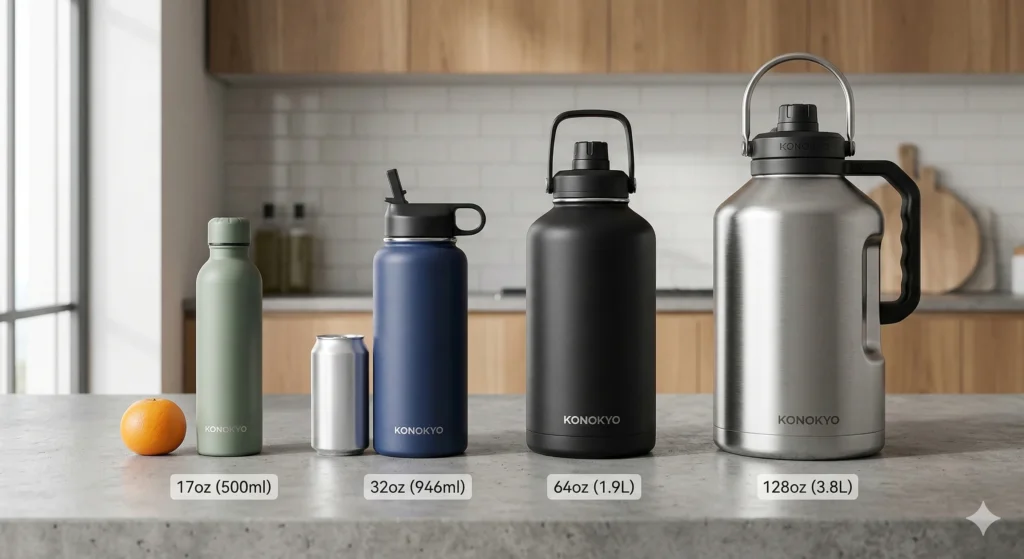 Konokyo Water Bottle Review: The Best Bang for Your Buck in 2026? 6 Four different sizes of Konokyo water bottles, including 17oz, 32oz, 64oz, and a massive 128oz jug, lined up left to right on a kitchen countertop for visual scale.