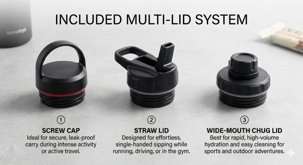 Konokyo Water Bottle Review: The Best Bang for Your Buck in 2026? 7 A clean, grid-style layout showing the three included Konokyo lids: a secure screw cap, a straw lid for easy sipping, and a wide-mouth chug lid for rapid hydration.