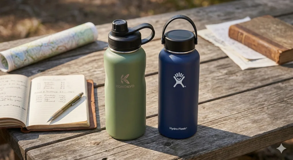 Konokyo Water Bottle Review: The Best Bang for Your Buck in 2026? 8 A side-by-side outdoor comparison of a green Konokyo water bottle and a blue Hydro Flask resting together on a rustic wooden table alongside a hiking map and journal.