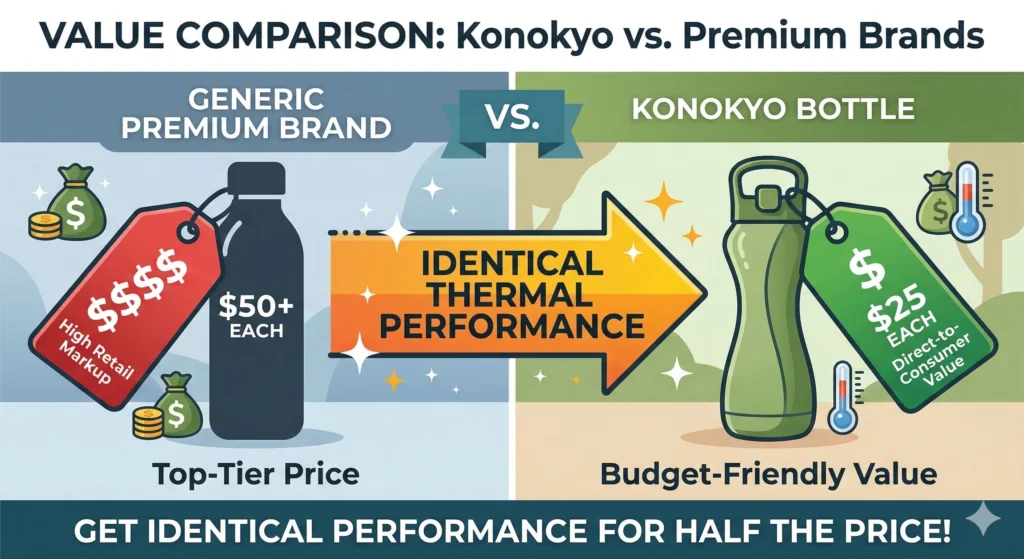 Konokyo Water Bottle Review: The Best Bang for Your Buck in 2026? 3 A split-chart infographic comparing the high retail markup of a generic premium water bottle against the budget-friendly value of a Konokyo bottle, joined by an arrow reading Identical Thermal Performance.