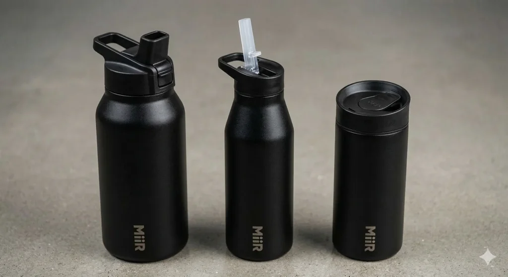 The Ultimate MiiR Water Bottle Review: A Buy-It-For-Life Hydration Companion? 6 Close-up of MiiR interchangeable lids including the Chug Lid, Straw Lid, and 360 Traveler Lid.