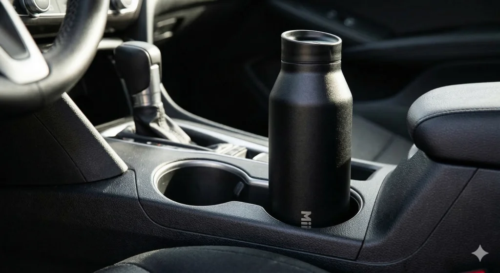 The Ultimate MiiR Water Bottle Review: A Buy-It-For-Life Hydration Companion? 5 MiiR matte black Travel Tumbler fitting snugly and securely inside a standard car cup holder.