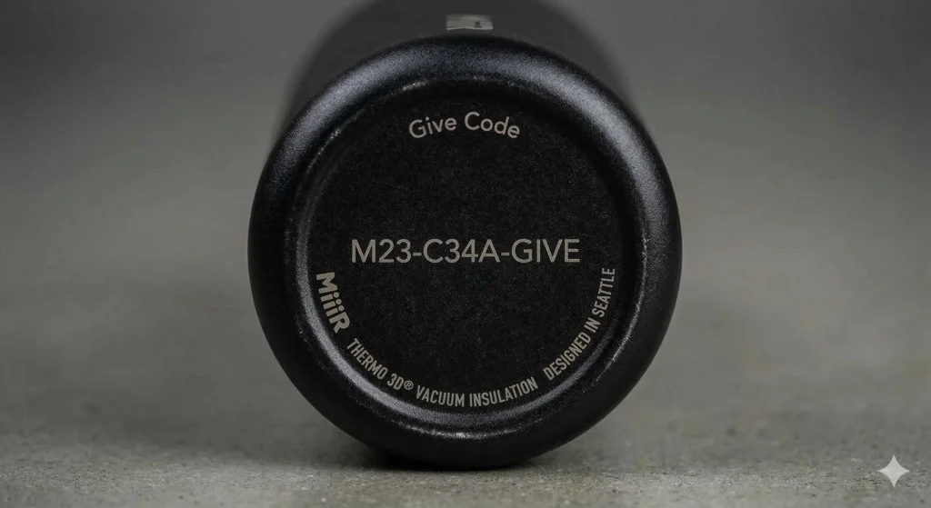 The Ultimate MiiR Water Bottle Review: A Buy-It-For-Life Hydration Companion? 7 Macro close-up of the philanthropic MiiR Give Code laser-etched onto the bottom of a black stainless steel water bottle.