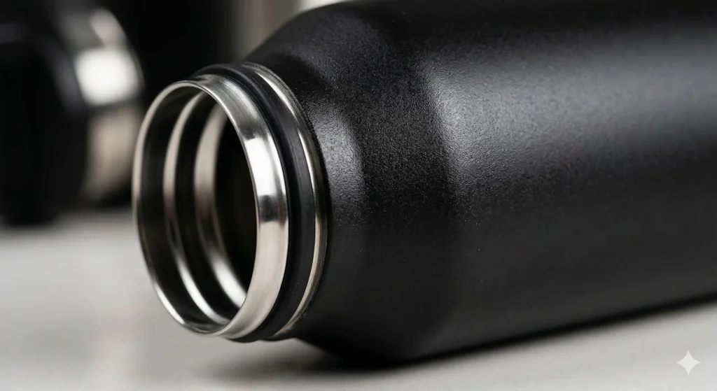 The Ultimate MiiR Water Bottle Review: A Buy-It-For-Life Hydration Companion? 3 Close-up of MiiR water bottle Hardshell powder coat texture, stainless steel rim, and leakproof silicone gasket.