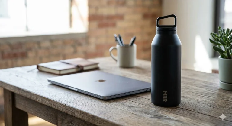 Home 61 Black MiiR wide mouth water bottle resting on a wooden desk next to a laptop for everyday hydration.